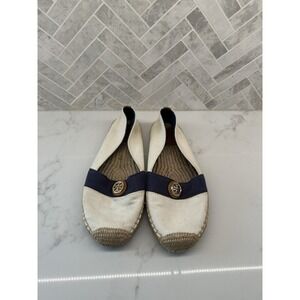 Tory Burch‎ Espadrille Flats Ivory Newport Navy Embellished Canvas Womens Size 8